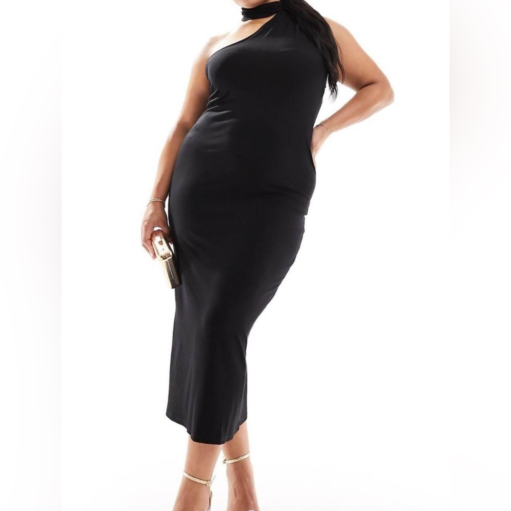 ASOS Black One-Shoulder Midi Dress—NWT Size 18, Plus Size, Elegant Evening Dress